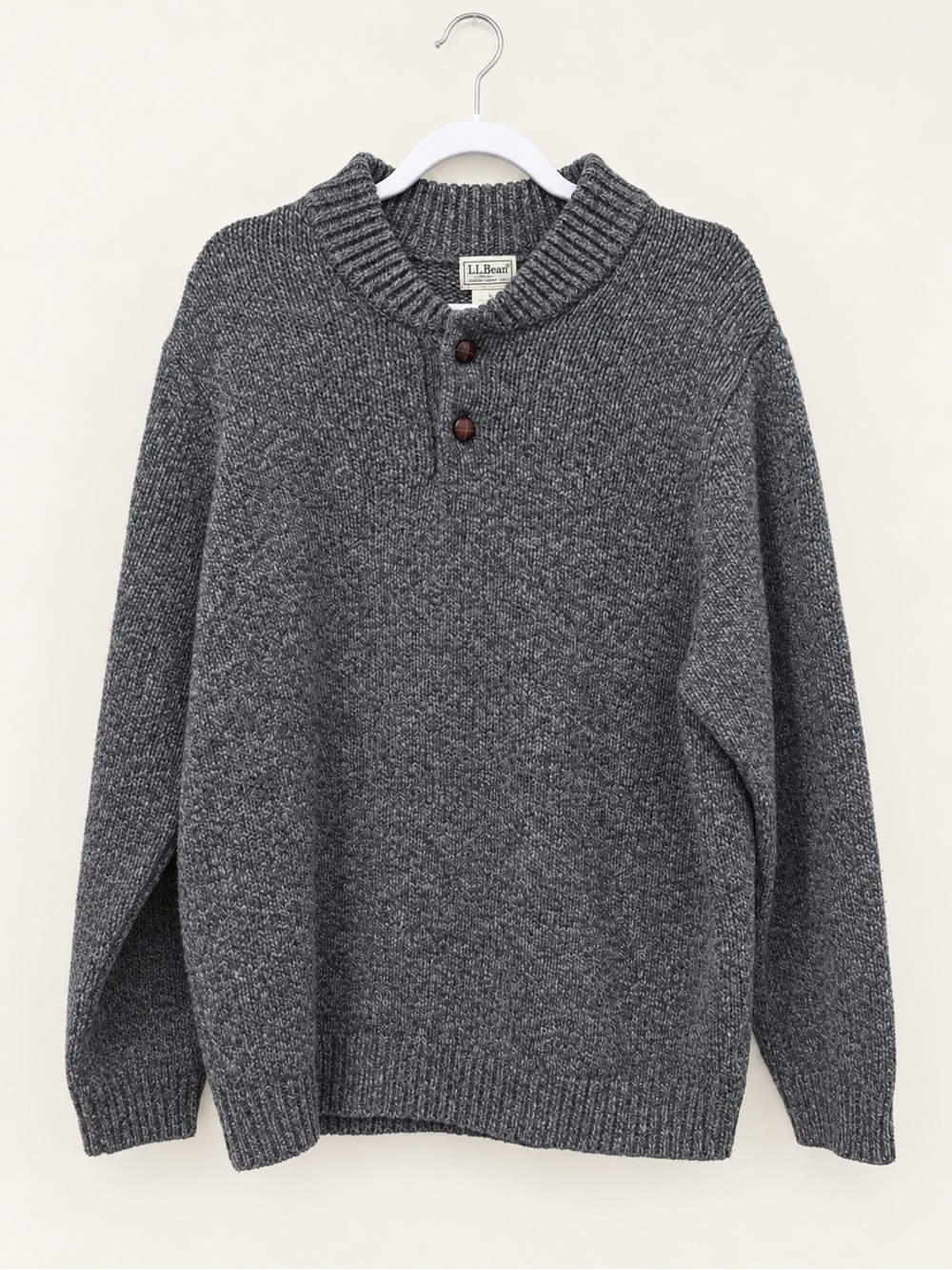 L.L. Bean Henley Sweater Men's XL Gray Lambswool Mock Neck Henley